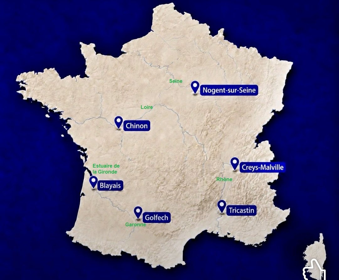 Carte des six sites candidats pour les prochains EPR2 : Blayais, Chinon, Creys-Malville, Golfech, Nogent-sur-Seine et Tricastin.
