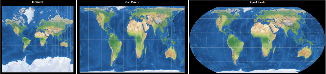 World maps in the Mercator, Gall-Peters and Equal Earth projections, side by side