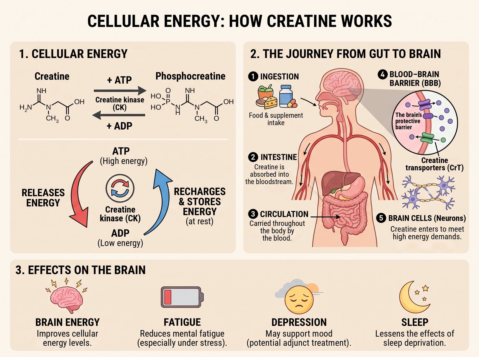Infographic: cellular energy and how creatine works, from muscle to brain