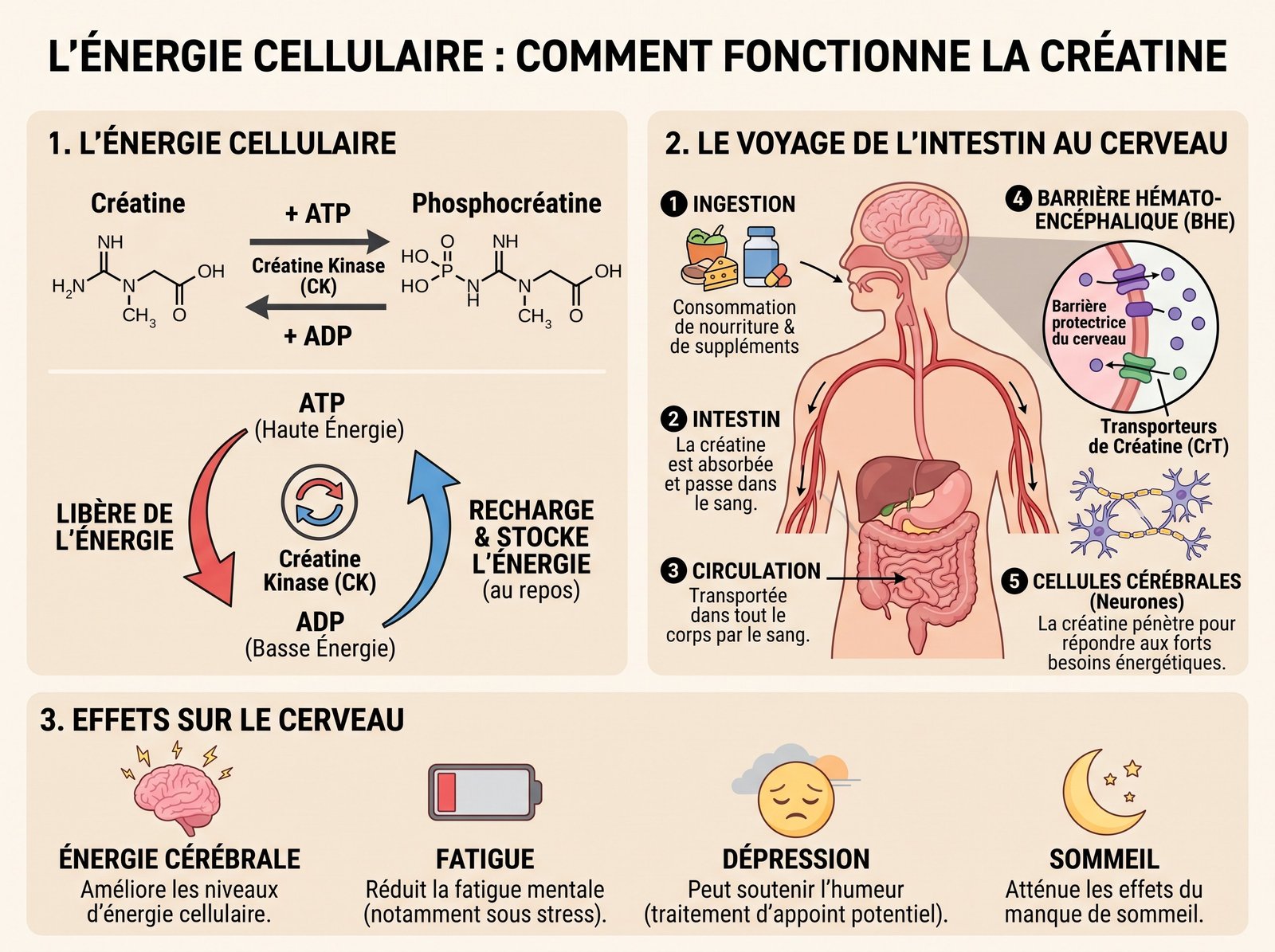 Infographie : l’énergie cellulaire et le fonctionnement de la créatine, du muscle au cerveau